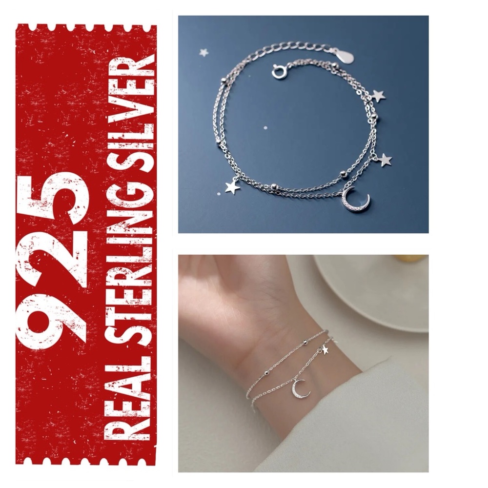 🐘 925 Sterling Silver Moon & Star Diamond Bracelet